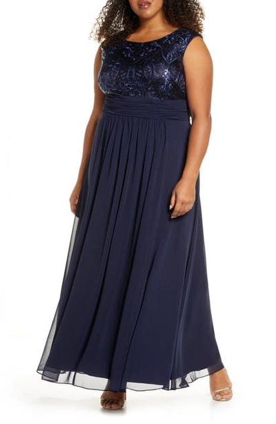 Js Collections Metallic Soutache Mesh Gown In Navy