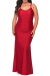 La Femme Long Ruched Plus Size Jersey Dress In Red
