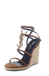 Saint Laurent Logo-embellished Leather Espadrille Wedge Sandals In Land