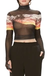 Afrm Zadie Semi Sheer Turtleneck In Sunset Print