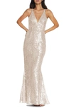 DRESS THE POPULATION SHARON LACE SEQUIN PLUNGE NECK MERMAID GOWN,DDR381-K216