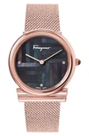 Ferragamo Gancino Slim Mesh Strap Watch, 34mm In Rosegld/blk Mop/rosegold