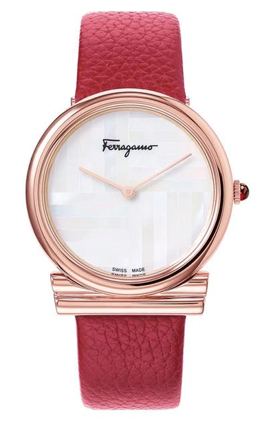 Ferragamo Gancino Slim Leather Strap Watch, 34mm In Burgundy/ White Mop/ Rose Gold