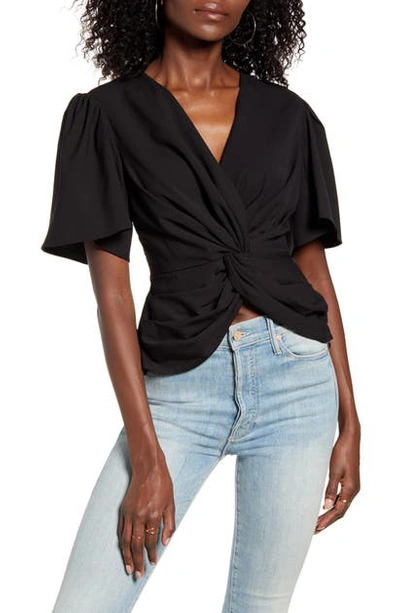 Endless Rose Twist Front Ruffle Sleeve Blouse In Black
