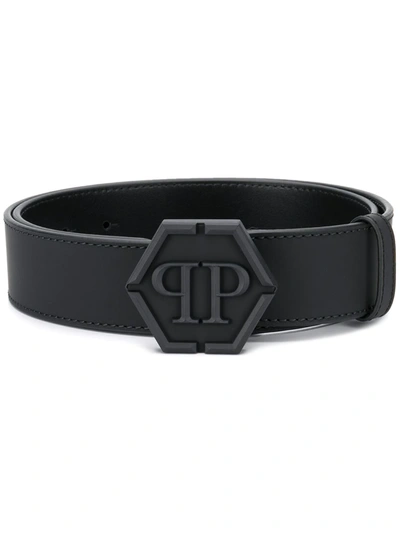 Philipp Plein Logo Buckle Leather Belt In Black