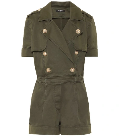 Balmain Double-breasted Cotton-blend Military Playsuit In Green