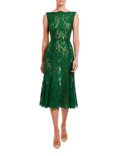 Dolce & Gabbana Floral Lace Sleeveless Dress In Dark Green