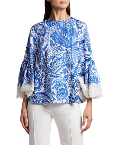 Andrew Gn Flare-sleeve Embroidered Blouse In Blue