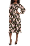 Wayf Crushed Smocked Bodice Midi Dress In Black Roses