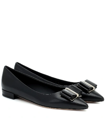 Ferragamo Zeri Bow-embellished Leather Point-toe Flats In Black