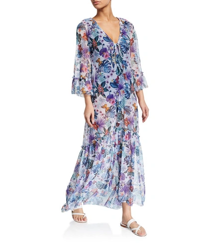 Chiara Boni La Petite Robe Maissa Floral Print V-neck Flutter-sleeve Coverup Maxi Dress In Tropical Fun