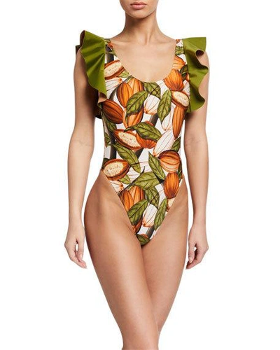 Água De Coco Cacao-print Ruffle High-cut One-piece Swimsuit In Cacau