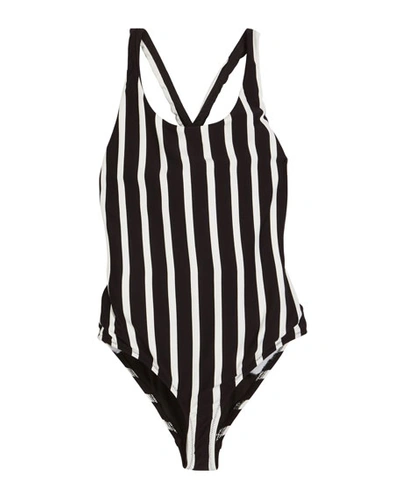 Milly Minis Kids' Striped Scoop-neck One-piece Swimsuit In Black/white