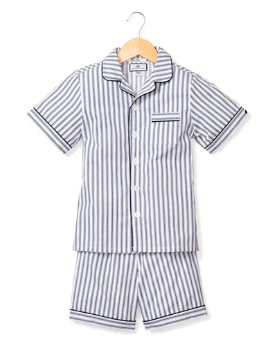 Petite Plume Babies' Kid's French Ticking Striped Pajama Set W/ Contrast Piping In Navy Stripes