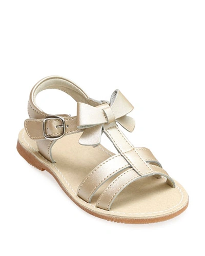 L'amour Shoes Janie Leather T-strap Bow Sandal, Kids In Champagne