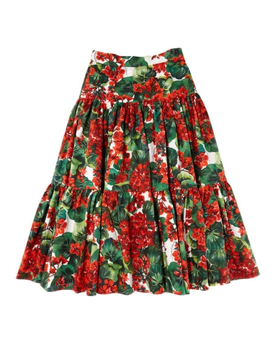 Dolce & Gabbana Kids' Girl's Geranium Print Tiered Poplin Skirt In Red