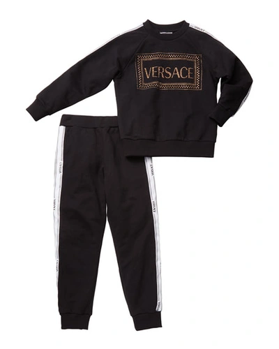 Versace Kids' Girl's Studded Logo Sweatshirt W/ Matching Sweatpants In Black