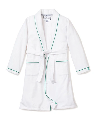 Petite Plume Kid's Flannel Contrast Piping Dressing Gown In White With Green