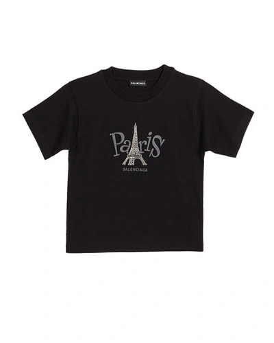 Balenciaga Kid's Paris Eiffel Tower Tonal Logo Short-sleeve Tee In Black