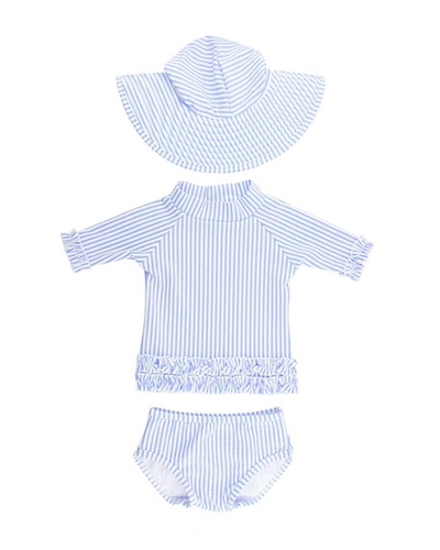 Rufflebutts Kids' Girl's Seersucker Ruffle Rash Guard Bikini W/ Sun Hat In Blue