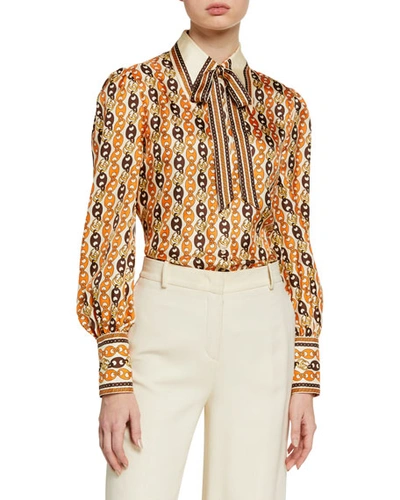 Gucci Marina Chain-print Shirt With Neck Bow In Multi,orange