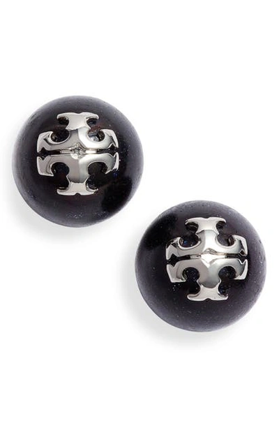 Tory Burch Logo Semiprecious Stone Stud Earrings In Tory Gold / Onyx 2