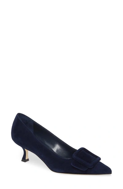 Manolo Blahnik Maysale Buckle Pointed Toe Pump In Navy