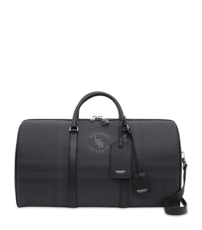 Burberry Logo Graphic London Check And Leather Holdall In Dark Charcoal
