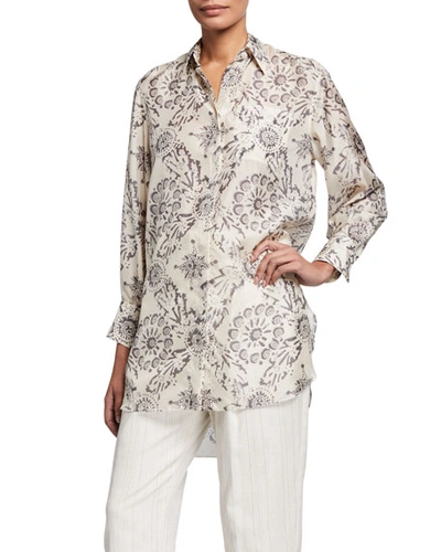 Brunello Cucinelli Printed Silk Long-sleeve Tunic In Beige