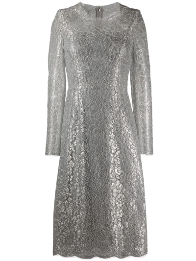 Dolce & Gabbana Cordonetto Lace Midi Dress In Long Sleeves In Silver