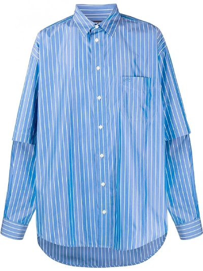 Balenciaga Men's Oversized Pinstripe Poplin Sport Shirt With Logo Back In Blue