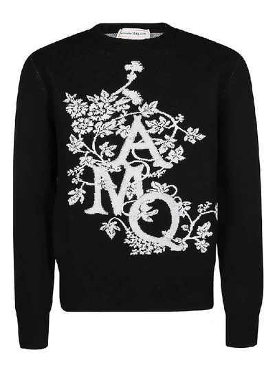Alexander Mcqueen Ivy Monogram Crewneck Cotton Sweater In Black