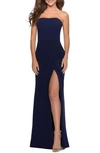 La Femme Strapless Double Cross Back Gown In Navy