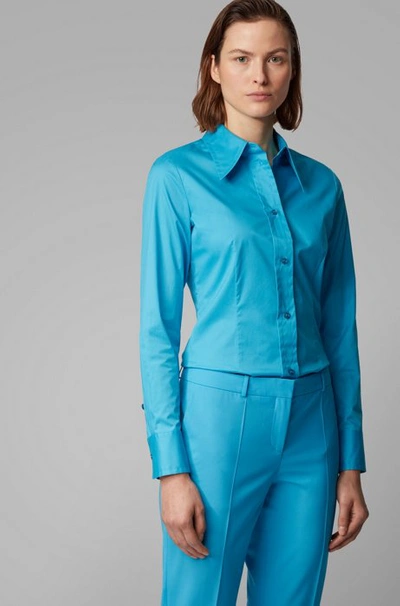 Hugo Boss Regular-fit Blouse In Paper-touch Stretch Cotton In Blue