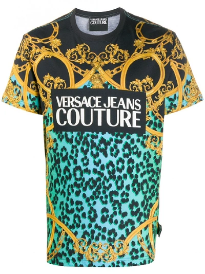 Versace Jeans Couture All Over Versace Print T-shirt In Black Gold/cyan