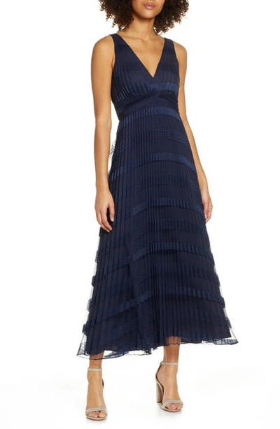 Ali & Jay Hollyhock Pleated Stripe Mesh Midi Dress In Navy