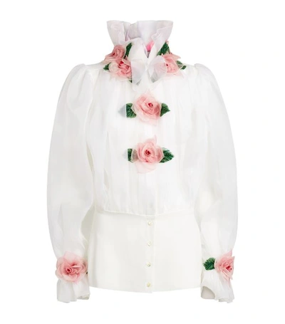Dolce & Gabbana Floral-appliquéd Gathered Silk-organza Blouse In White