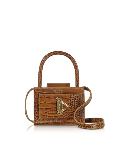 Salar Loulou Croco Embossed Tan Leather Top Handle Bag