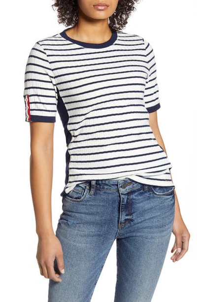 Tommy Hilfiger Stripe Button Sleeve Rib Knit Top In Stripe- Ivory/sky Captain