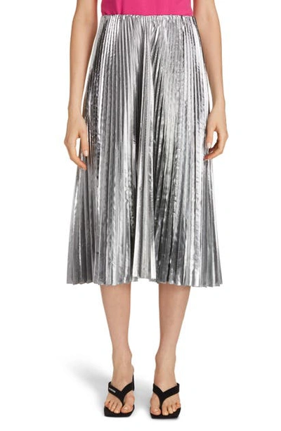 Balenciaga Metallic Pleated Wool Blend Midi Skirt In Silver