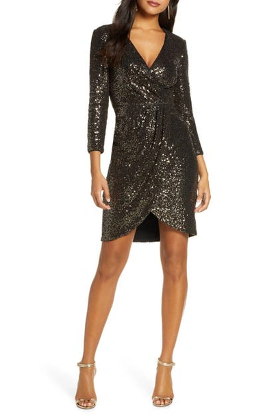 Eliza J Faux Wrap Sequin Cocktail Dress In Black Gold | ModeSens