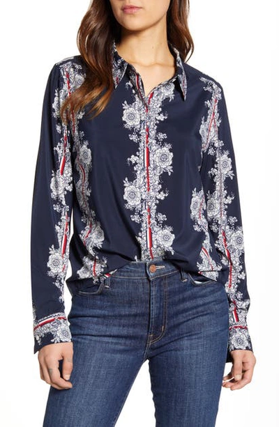Tommy Hilfiger Floral Calligraphy Stripe Long Sleeve Shirt In Stripe- Sky Captain Multi