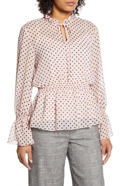 Tommy Hilfiger Polka Dot Long Sleeve Peplum Top In Milly Dot- Ballerina Pink