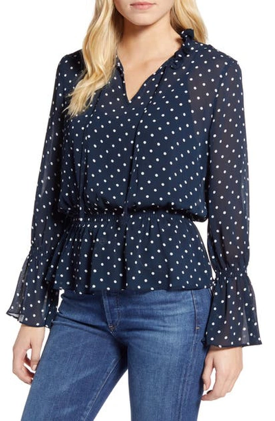 Tommy Hilfiger Polka Dot Long Sleeve Peplum Top In Milly Dot- Sky Captain/ Ivory