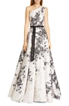 MARCHESA NOTTE ONE-SHOULDER METALLIC FLORAL BALLGOWN,N36G1138