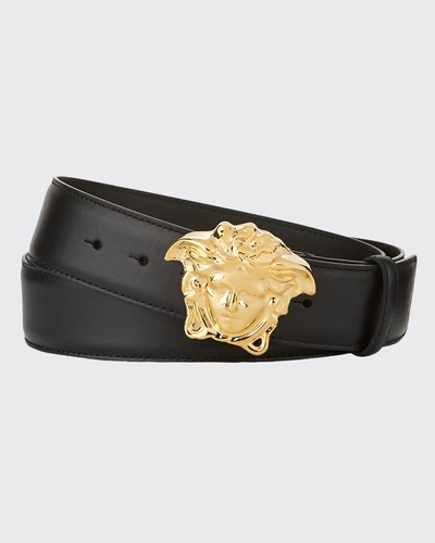 Versace 40mm Leather Belt W/ Medusa Buckle In Black,gold