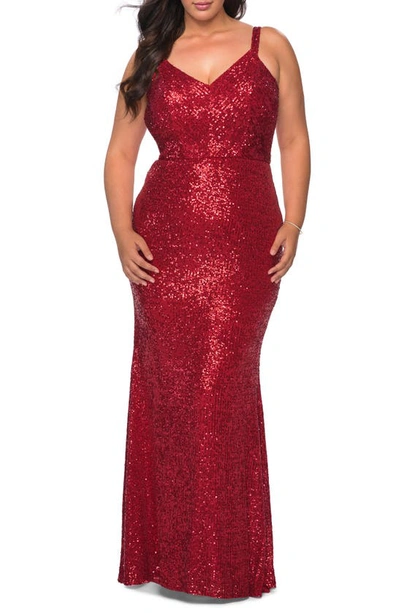 La Femme Sequined Curvy Dress With Criss Cross Back In Red
