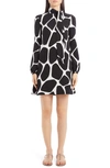 VALENTINO GIRAFFE PRINT LONG SLEEVE SILK MINIDRESS,TB3VAD57553