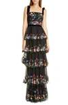 MARCHESA NOTTE FLORAL EMBROIDERED TIERED TULLE GOWN,N37G1120