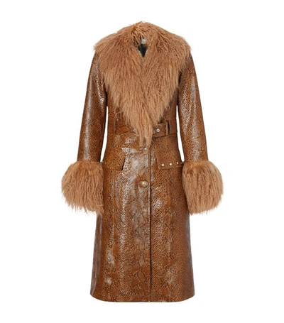 Burberry Wetherby Belted Shearling-trimmed Snake-effect Leather Coat In Brown